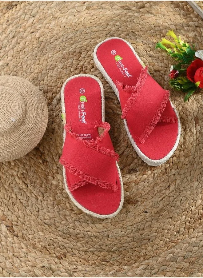 Fresh Feet Fresh Feet Frayed Trim Cross Strap Flat Sandal