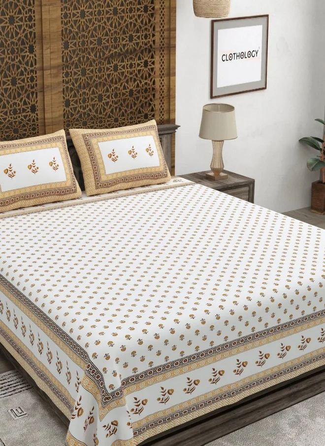 CLOTHOLOGY CLOTHOLOGY Yellow Floral Cotton 180 TC King Size Bedsheet with 2 Pillow Covers