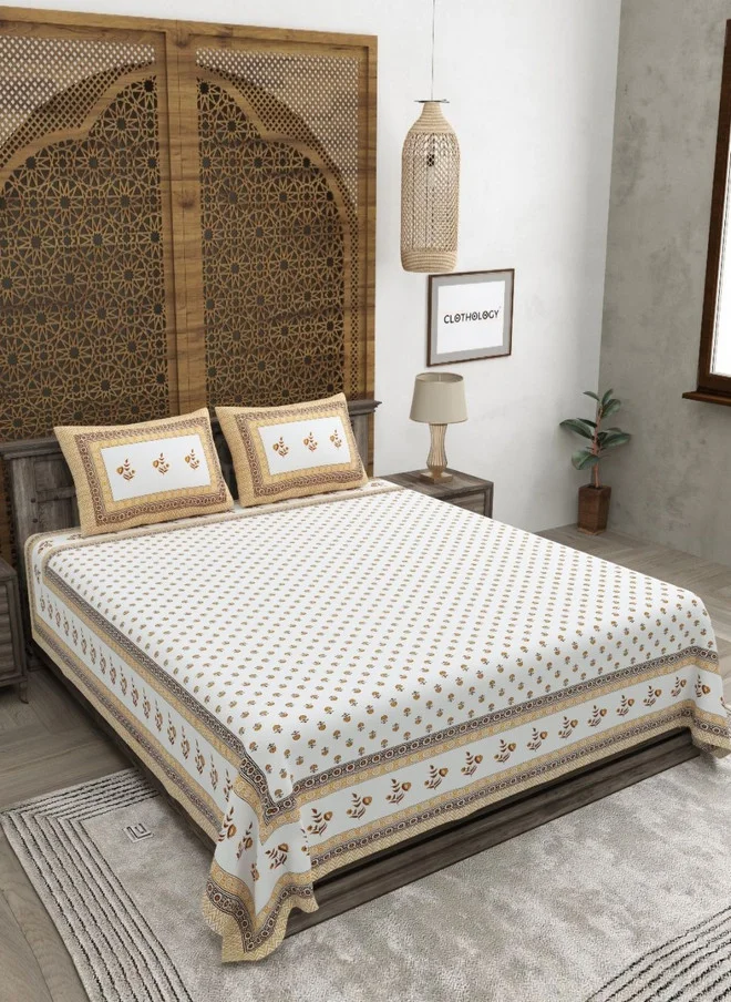 CLOTHOLOGY CLOTHOLOGY Yellow Floral Cotton 180 TC King Size Bedsheet with 2 Pillow Covers