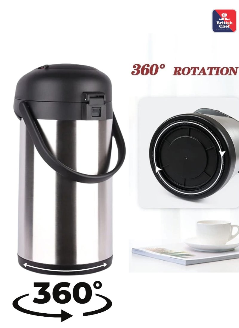 3L Hot & Cold Airpot Thermos Flask | Durable Stainless Steel body and Inner Pot | 360 Degree rotation Base | Safety Lock | Leak Resistant | Black & Silver