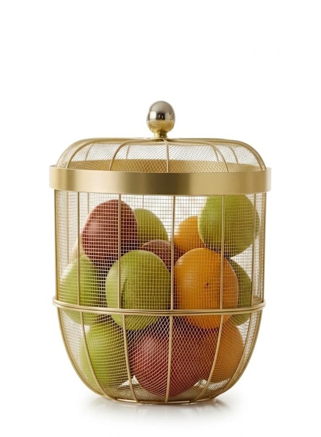 MAXXINN Gold Mesh Fruit Basket with Lid - Decorative Wire Produce Bowl for Kitchen Countertop - Breathable Metal Fruit Holder for Oranges, Apples & Bread - Modern Farmhouse Home Decor - Large Capacity - Image 1