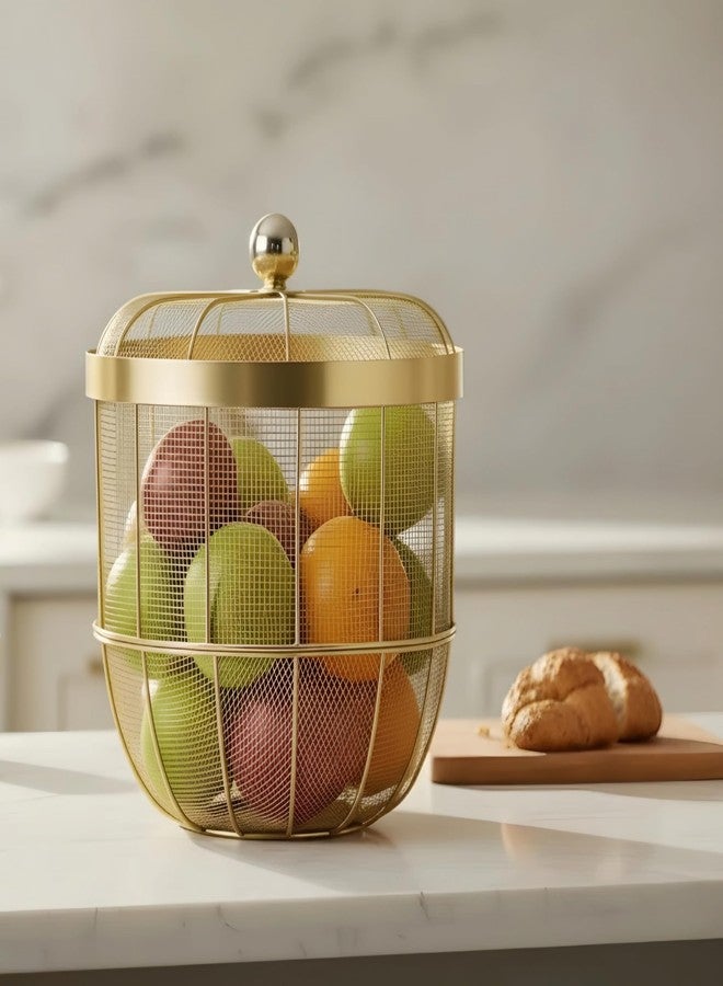 MAXXINN Gold Mesh Fruit Basket with Lid - Decorative Wire Produce Bowl for Kitchen Countertop - Breathable Metal Fruit Holder for Oranges, Apples & Bread - Modern Farmhouse Home Decor - Large Capacity - Image 2