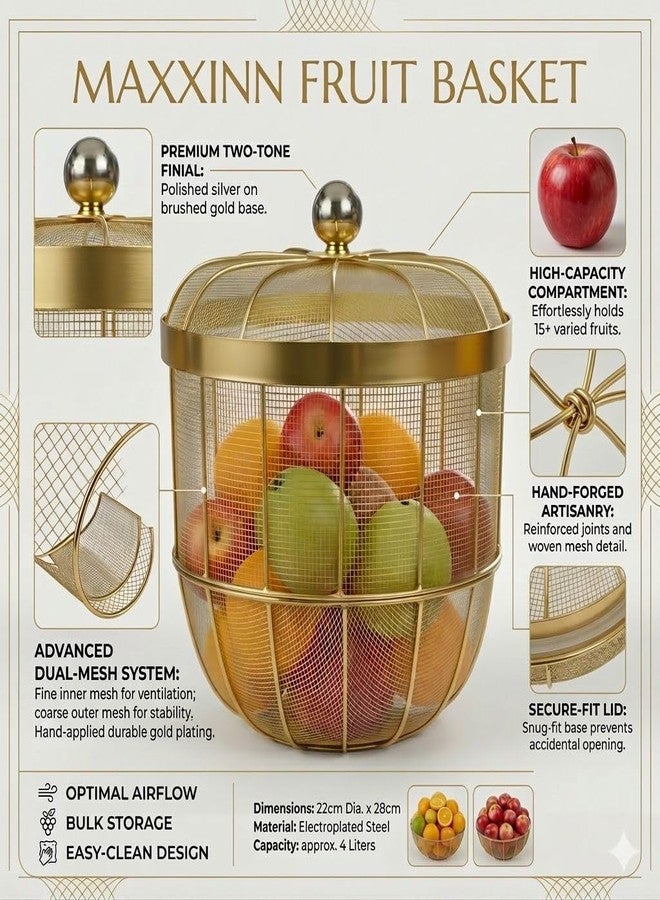 MAXXINN Gold Mesh Fruit Basket with Lid - Decorative Wire Produce Bowl for Kitchen Countertop - Breathable Metal Fruit Holder for Oranges, Apples & Bread - Modern Farmhouse Home Decor - Large Capacity - Image 5