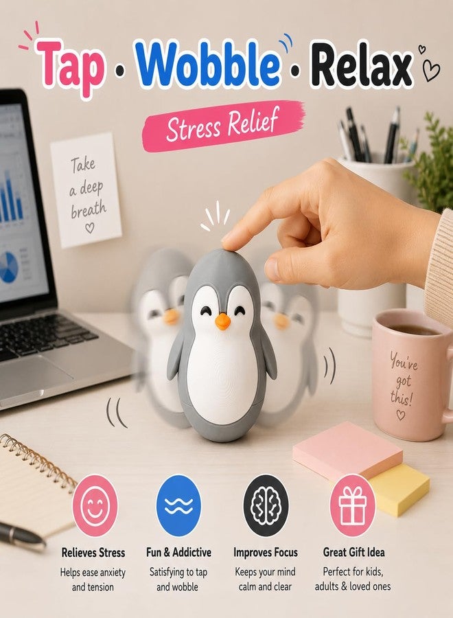 HICHISO Roly Poly Penguin Wobbler | Cute Self-Righting Penguin Desk Toy | Stress Relief Fidget Toy | Mini Penguin Collectible | Office Desk Decor & Gift (Mist Grey, 1 pc) - Image 3