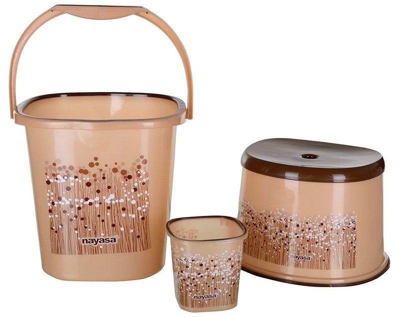 Nayasa Bucket 18 Liter with Stool/Patla and Mug (Set of 3, Brown) - Image 1