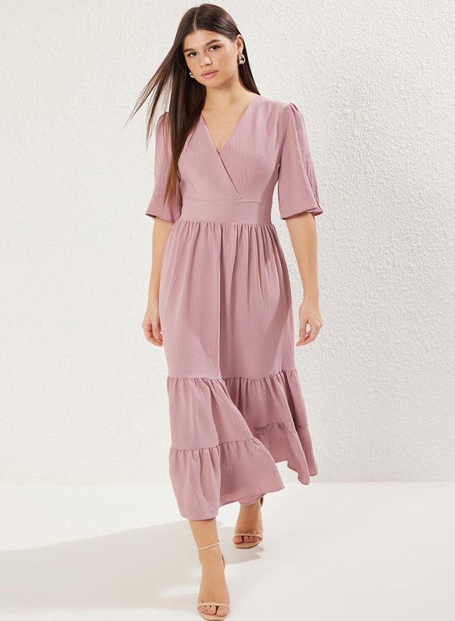 trendyol Pink Skirt Waist Opening V Neck Belted Midi Aerobin Woven Dress - Image 2