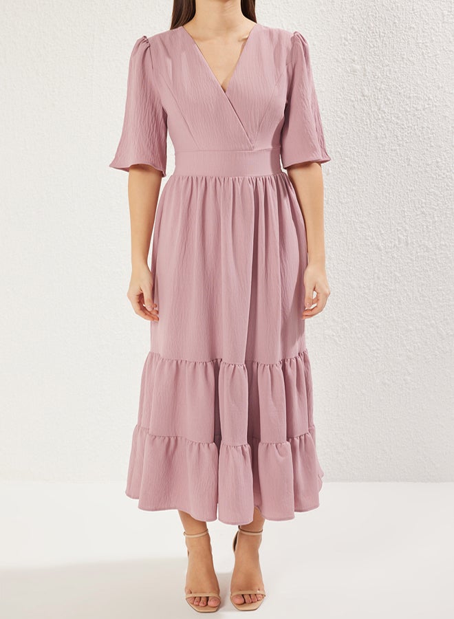 trendyol Pink Skirt Waist Opening V Neck Belted Midi Aerobin Woven Dress - Image 3