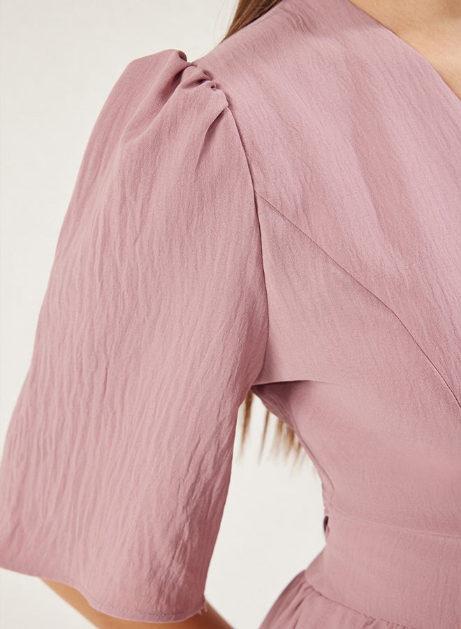 trendyol Pink Skirt Waist Opening V Neck Belted Midi Aerobin Woven Dress - Image 4