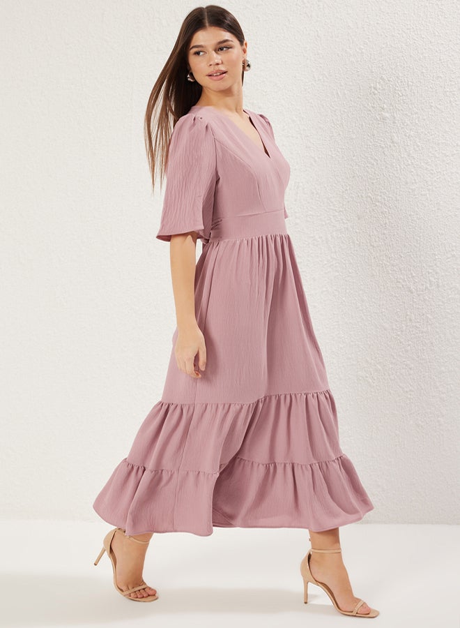 trendyol Pink Skirt Waist Opening V Neck Belted Midi Aerobin Woven Dress - Image 1