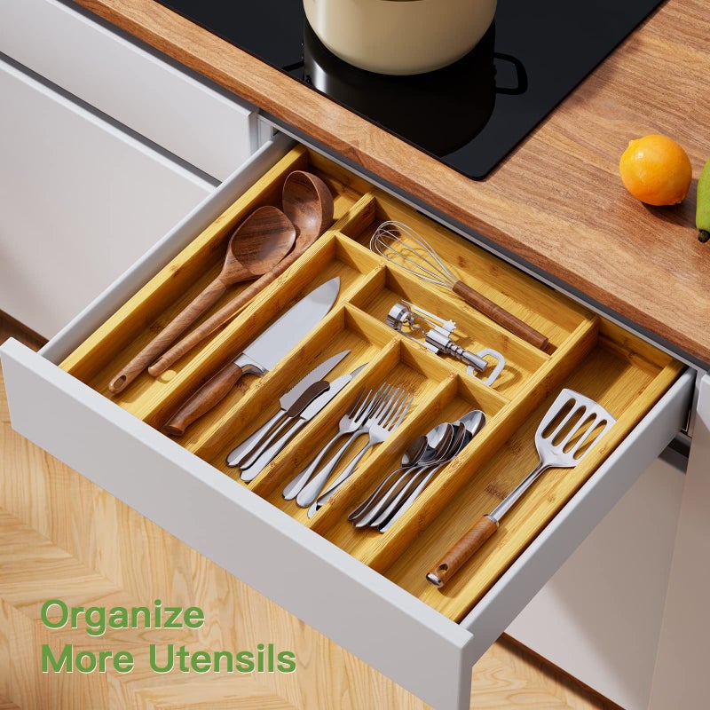 Pipishell Bamboo Silverware Organizer, Expandable Cutlery Tray, Utensil Drawer Organizer in Kitchen for Spoons Forks Knives, Multipurpose Use, Natural, Large - Image 5
