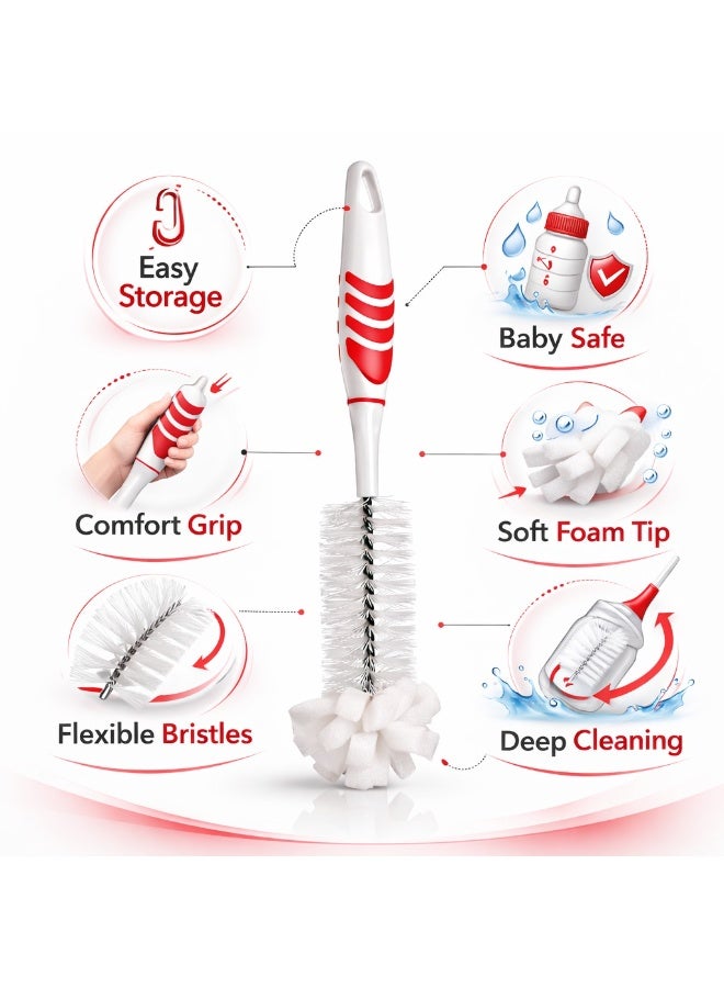 تيتيز فرشاة تنظيف رضاعات للأطفال بطرف إسفنجي ومقبض مانع للانزلاق تصميم 2 في 1 لتنظيف عميق للرضاعات والأكواب بطول 30.3 سم (أحمر) - Image 3