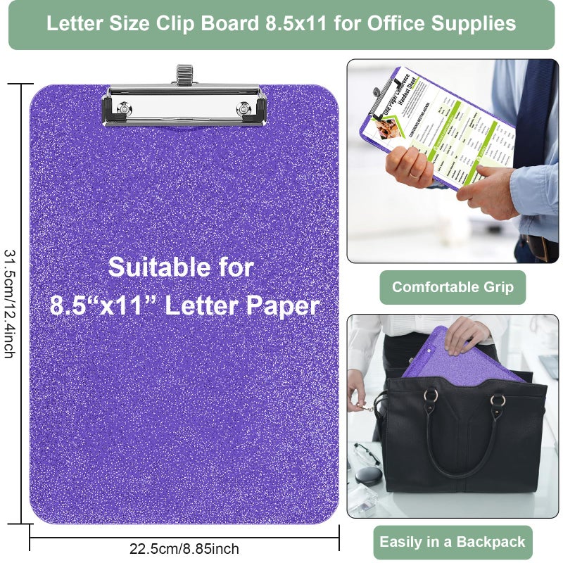 SFLHHDM 1 Pcs Clear Glitter Clipboards, Plastic Clipboard with Pen Holder,Size 8.85 x 12.4 in Shiny Clipboards with Low Profile Clip,Cute Hanging Clipboard for Office School Sparkly Clip Board-Purple - Image 4