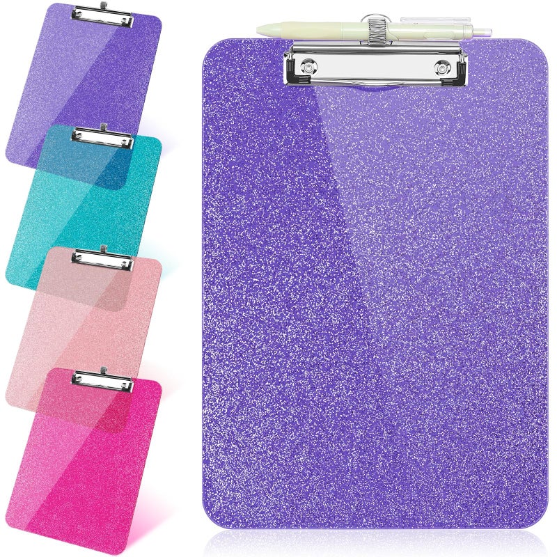 SFLHHDM 1 Pcs Clear Glitter Clipboards, Plastic Clipboard with Pen Holder,Size 8.85 x 12.4 in Shiny Clipboards with Low Profile Clip,Cute Hanging Clipboard for Office School Sparkly Clip Board-Purple - Image 1