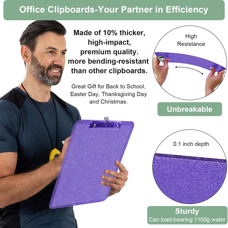SFLHHDM 1 Pcs Clear Glitter Clipboards, Plastic Clipboard with Pen Holder,Size 8.85 x 12.4 in Shiny Clipboards with Low Profile Clip,Cute Hanging Clipboard for Office School Sparkly Clip Board-Purple - Image 5