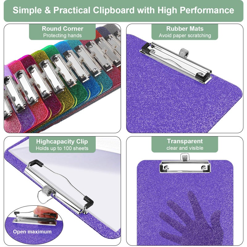 SFLHHDM 1 Pcs Clear Glitter Clipboards, Plastic Clipboard with Pen Holder,Size 8.85 x 12.4 in Shiny Clipboards with Low Profile Clip,Cute Hanging Clipboard for Office School Sparkly Clip Board-Purple - Image 3