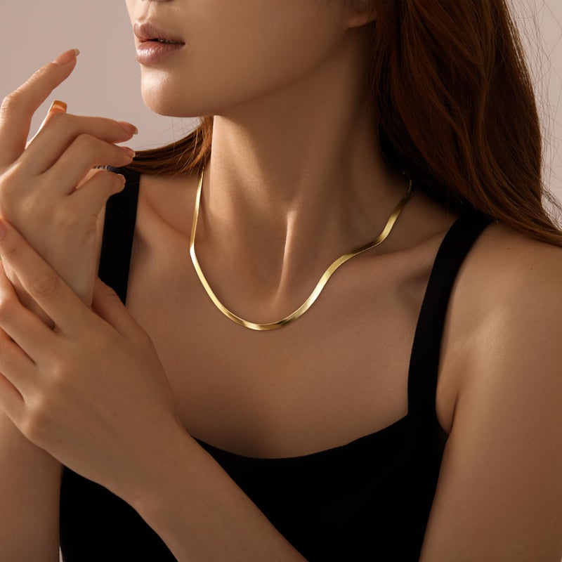 WomenGifts Dainty Gold Stack Herringbone Necklace for Women â€“ 14K Gold Plated Dainty Snake Chain Choker, Trendy Simple Long Layered Jewelry Non Tarnish, 14, 16, 18 Inch Thin & Chunky Options, Gift for Her - Image 2