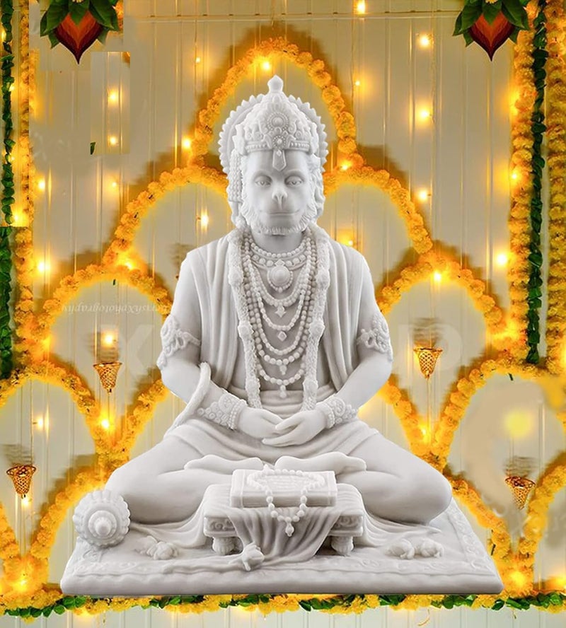 Karigaari India White Marble Finish Hanuman Idol Sitting in Meditation Pose | Bajrangbali Murti for Home Temple Office Car Dashboard | Decorative Spiritual Figurine for Puja & Gifting - Image 1
