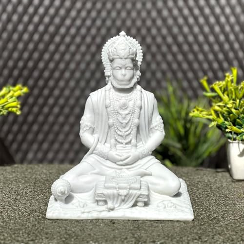 Karigaari India White Marble Finish Hanuman Idol Sitting in Meditation Pose | Bajrangbali Murti for Home Temple Office Car Dashboard | Decorative Spiritual Figurine for Puja & Gifting - Image 2