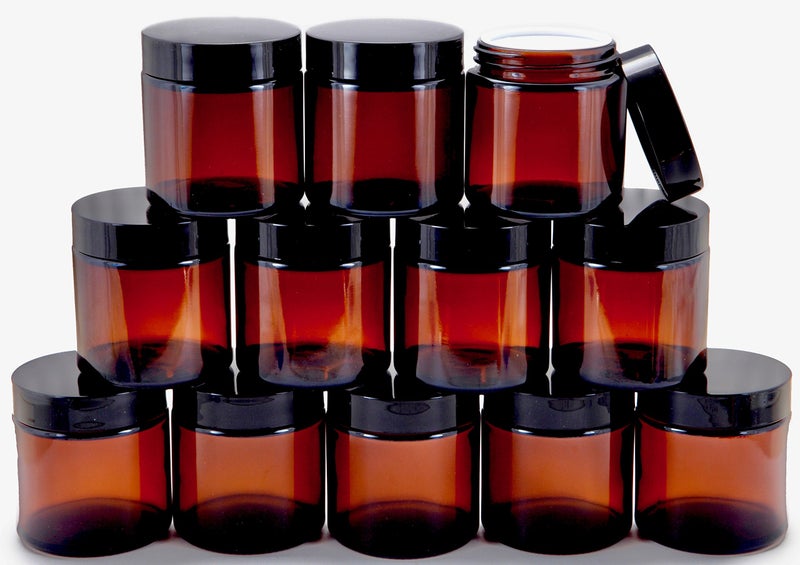 Vivaplex, 12, Amber, 4 oz, Round Glass Jars, with Inner Liners and black Lids - Image 1