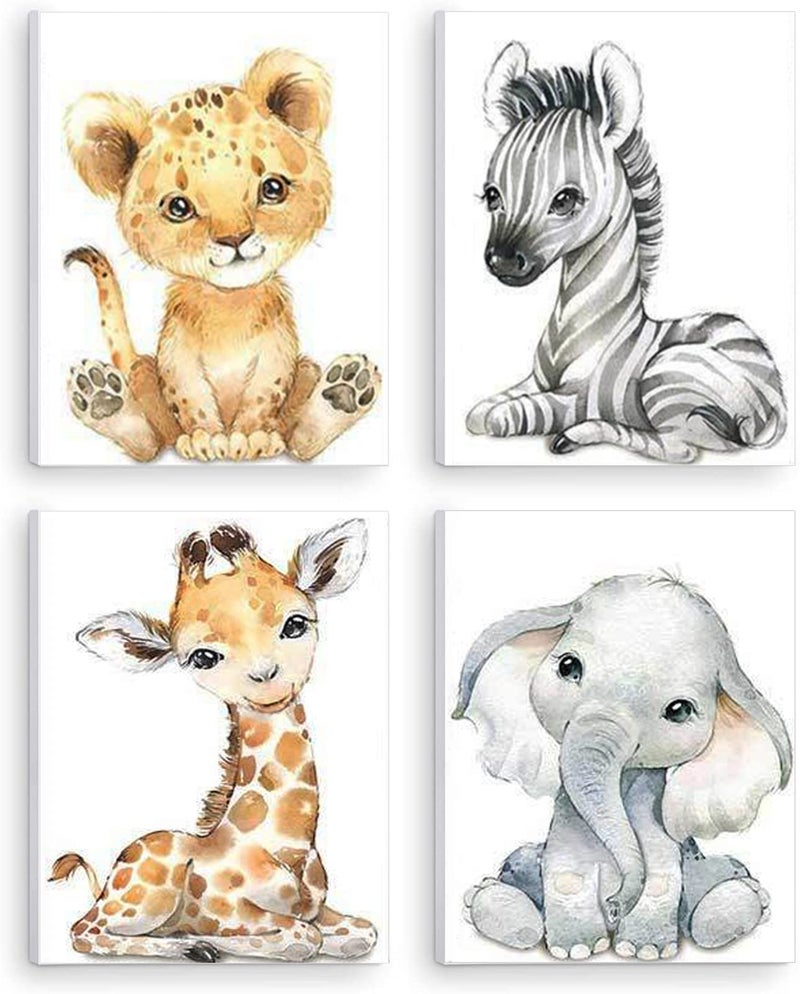 Kiddale Baby Watercolor Animals Wall Art Prints Set of 4 (8x10),Tiger Elephant Zebra Giraffe Safari Animals Pictures Nursery Decor Art,Stretched and Framed Ready to Hang - Image 1