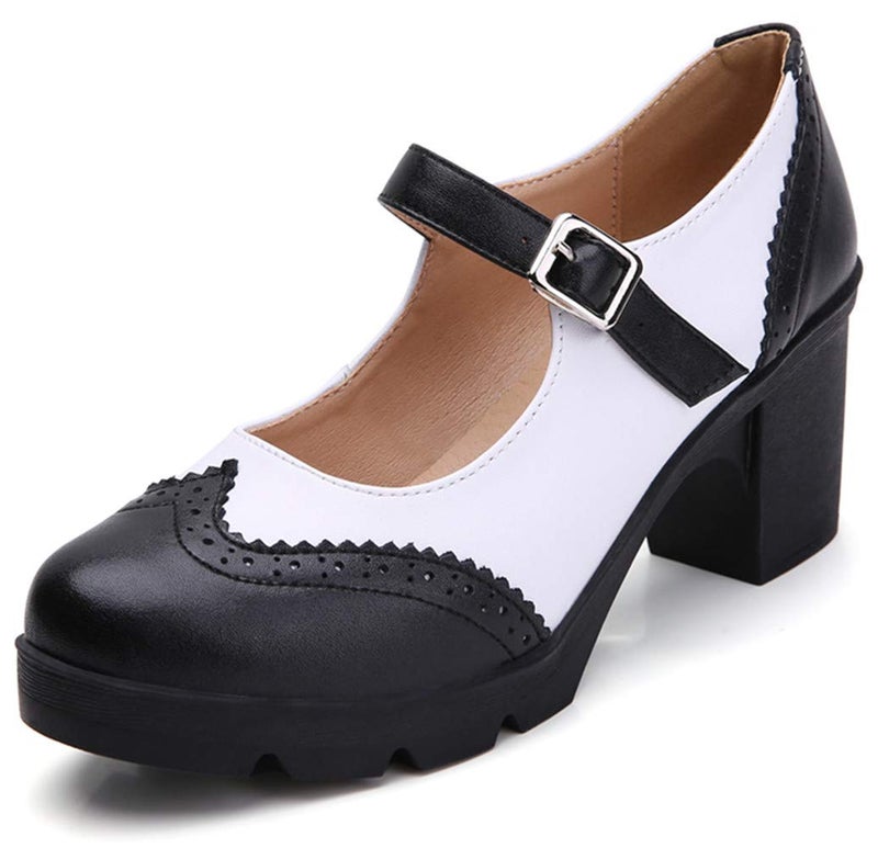DADAWEN Women's Chunky Low Block Heels Mary Jane Closed Toe Work Pumps Comfortable Round Toe Oxfords Dress Wedding Shoes Black/White US Size 9 - Image 1