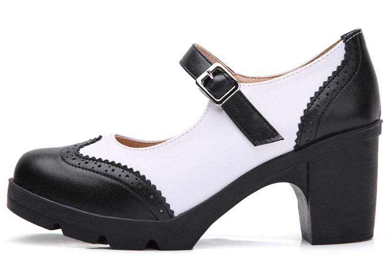 DADAWEN Women's Chunky Low Block Heels Mary Jane Closed Toe Work Pumps Comfortable Round Toe Oxfords Dress Wedding Shoes Black/White US Size 9 - Image 5