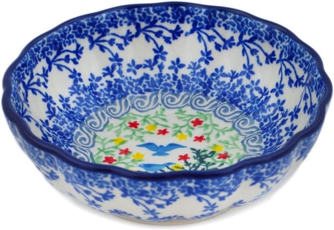 Authentic Polish Pottery Scalloped Fluted Bowl 5inch Signature UNIKAT in Free Flock Design Handmade in Bolesawiec Poland by Ceramika Artystyczna Certificate of Authenticity
