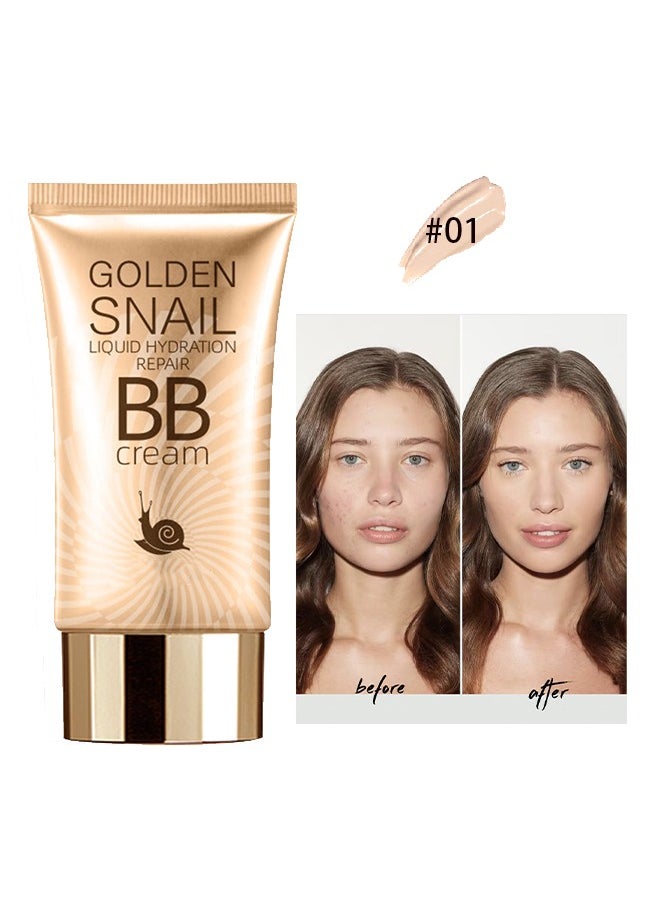 EELHOE Golden Snail Liquid Hydration Repair BB Cream-Natural Snail BB Cream 50ml, Full Coverage BB Cream  Long Lasting Waterproof Oil Control Concealer Foundation Cream Natural Foundation Makeup for Women#01  - Image 2