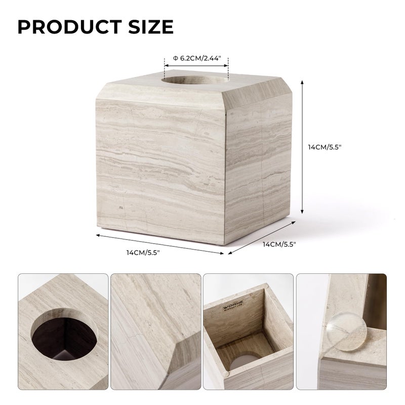 WORHE Tissue Box Cover Italy Natural Marble Heavy Duty Square Facial Toilet Paper Holder for Bathroom Living Room Bedroom Dresser Kitchen Minimalistic Office Home Decor Grey (WH078) - Image 3