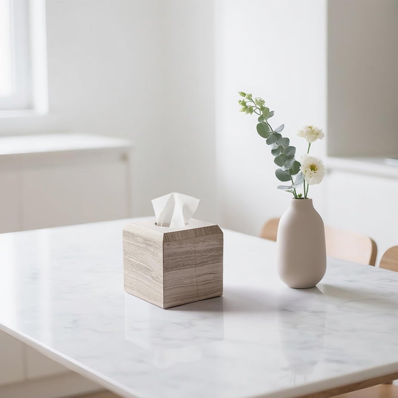 WORHE Tissue Box Cover Italy Natural Marble Heavy Duty Square Facial Toilet Paper Holder for Bathroom Living Room Bedroom Dresser Kitchen Minimalistic Office Home Decor Grey (WH078) - Image 4