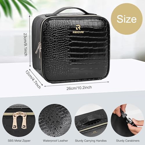 Relavel Makeup Train Case With LED Mirror, Professional Travel Cosmetic Bag with Removable Partitions,Compact Makeup Organizer, Waterproof Toiletry Case for Women, Black - Image 2