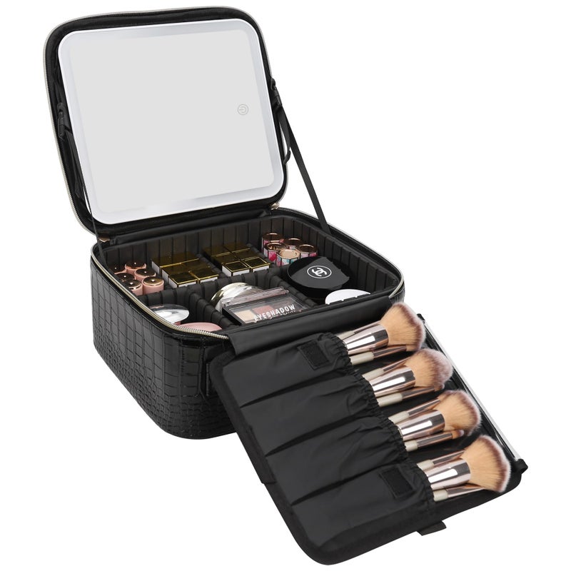 Relavel Makeup Train Case With LED Mirror, Professional Travel Cosmetic Bag with Removable Partitions,Compact Makeup Organizer, Waterproof Toiletry Case for Women, Black - Image 4