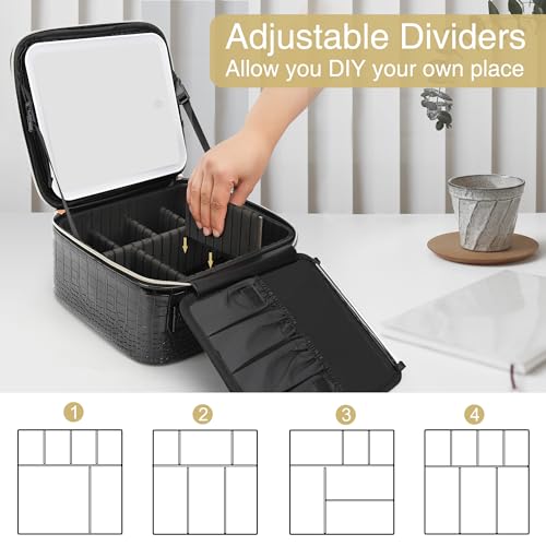 Relavel Makeup Train Case With LED Mirror, Professional Travel Cosmetic Bag with Removable Partitions,Compact Makeup Organizer, Waterproof Toiletry Case for Women, Black - Image 5
