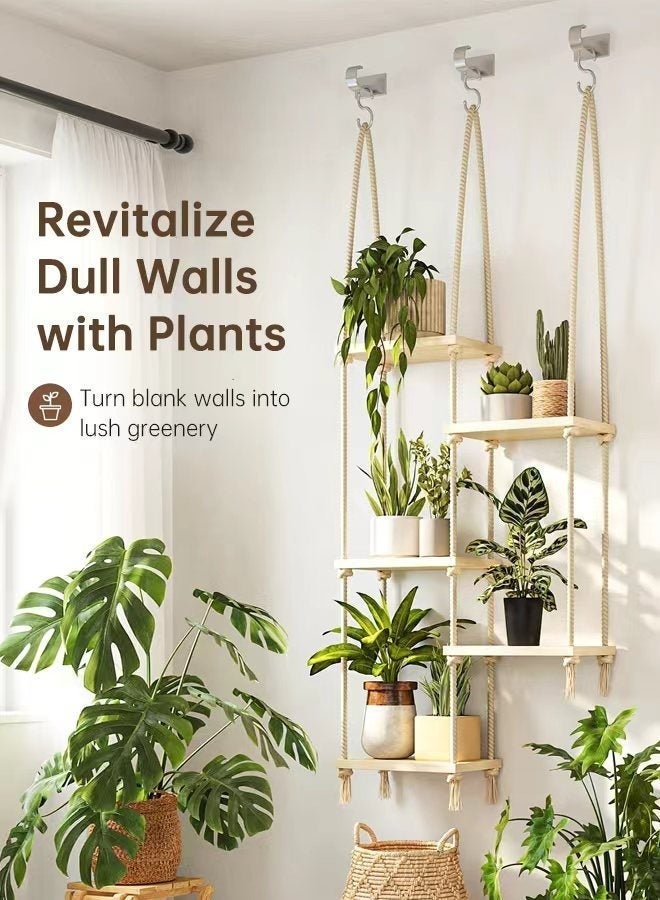 فورثكان رف نباتات مُعلّق من الخشب بحبل من الجوت، تعليق جداري/سقفي، حامل نباتات بمظهر بوهيمي للتخزين والديكور داخل المنزل للشرفة وغرفة المعيشة - Image 3