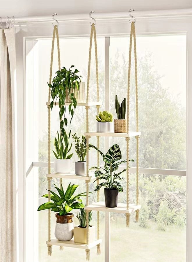Forthcan Hanging Plant Shelf, Wooden Board with Jute Rope, Wall/Ceiling Macramé Plant Holder, Rustic Boho Storage for Indoor Balcony/Living Room - Image 2