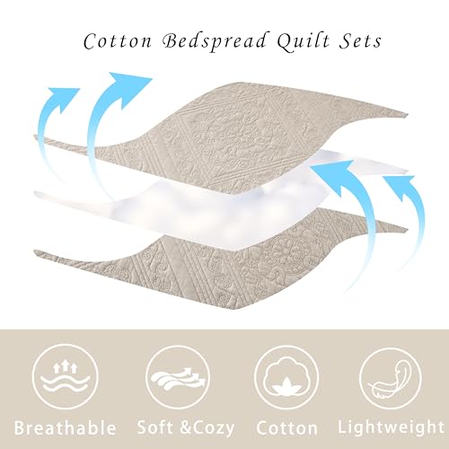 AJOCCI Beige Bedding，Cotton Queen Size Comforter Set，Geometric Matelasse Quilt Set，Soft Cotton Quilt Solid Color Lightweight Bedspread All Seasons 3 Piece - Image 4
