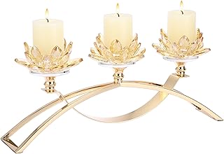 OwnMy 3 Arms Crystal Lotus Tealight Candle Holders Crystal Lotus Flower Pillar Candle Stands, Golden 3-Arms Crystal - Image 1
