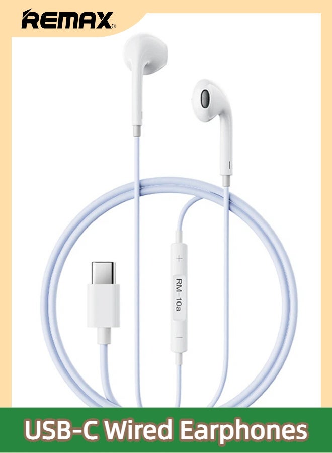 ريماكس سماعات أذن سلكية ملونة RM-10a، موصل USB-C من النوع C، تصميم داخل الأذن، ميكروفون ستيريو عالي الدقة مدمج، تحكم في مستوى الصوت، مناسبة للموسيقى والمكالمات والألعاب، متوافقة مع أجهزة iPhone 17/16/15/Pro/ProMax/Air/Plus وغيرها من أجهزة USB-C. أزرق - Image 1