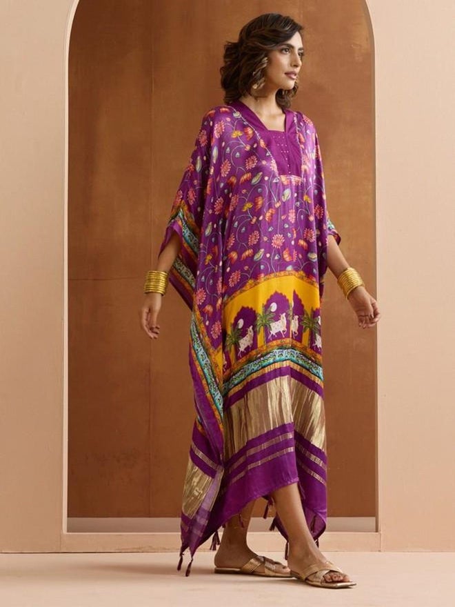 آي شين فستان قفطان فيسكوز أرجواني بنقوش زهور - Image 4