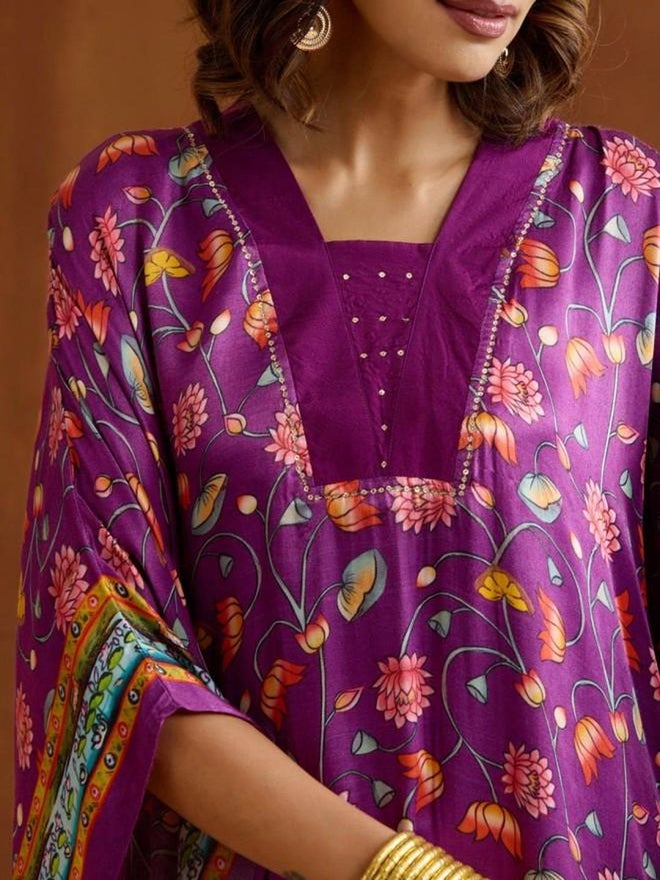 آي شين فستان قفطان فيسكوز أرجواني بنقوش زهور - Image 3