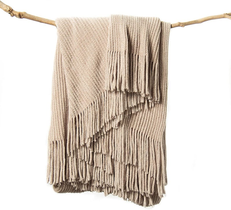 lifein Throw Blanket for Couch Soft Boho Decor Bed ThrowCozy Beige Knitted Chenille Small Farmhouse Lightweight Throw for SpringBeige60  80
