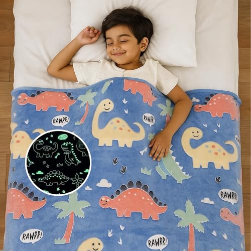 Famyo® Glow Blanket for Kids –Cute Dinosaur | Kids Blanket 0–15 Yrs | 200×152 cm Double Bed Blanket | Soft Flannel Blankets for Winter | Lab-Tested & Safe, (Blue) - Image 1