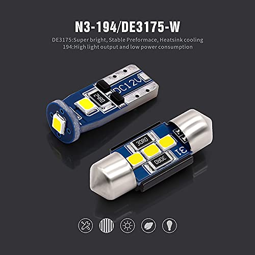 SIR IUS LED N3 DE3175 31MM 194 168 2825 Combo LED bulbs white Super Bright 300 Lumens 3030 Chipset for Japanese Car Truck Interiors Dome Map Door Courtesy License Plate Lights pack of 10 - Image 2