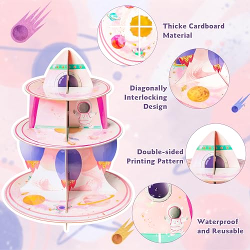 ANGOLIO 3 Tier Watercolour Outer Space Cupcake Stand Outer Space Party Supplies Cake Stand for Kids Birthday Party Decorations Solar System Theme Dessert Tower Display Baby Shower Birthday Supplies - Image 3
