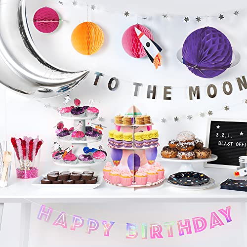 ANGOLIO 3 Tier Watercolour Outer Space Cupcake Stand Outer Space Party Supplies Cake Stand for Kids Birthday Party Decorations Solar System Theme Dessert Tower Display Baby Shower Birthday Supplies - Image 5