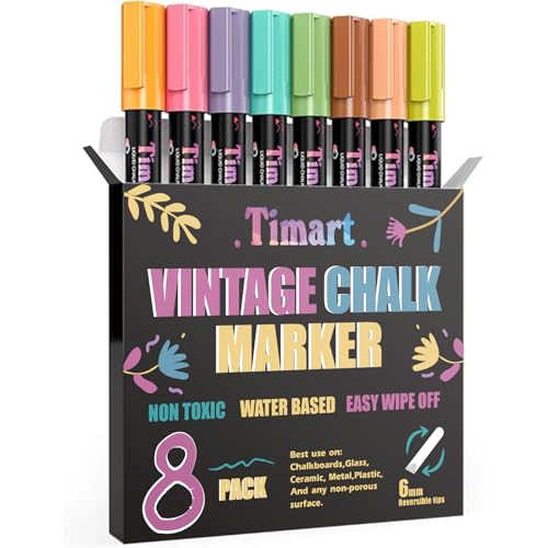 Timart Vintage 8 Pack Liquid Chalk Markers Bold Wet Dry Erase Marker Pens for Chalkboards Signs Blackboards Windows Glass 6mm Reversible Tip with Chalkboard Labels