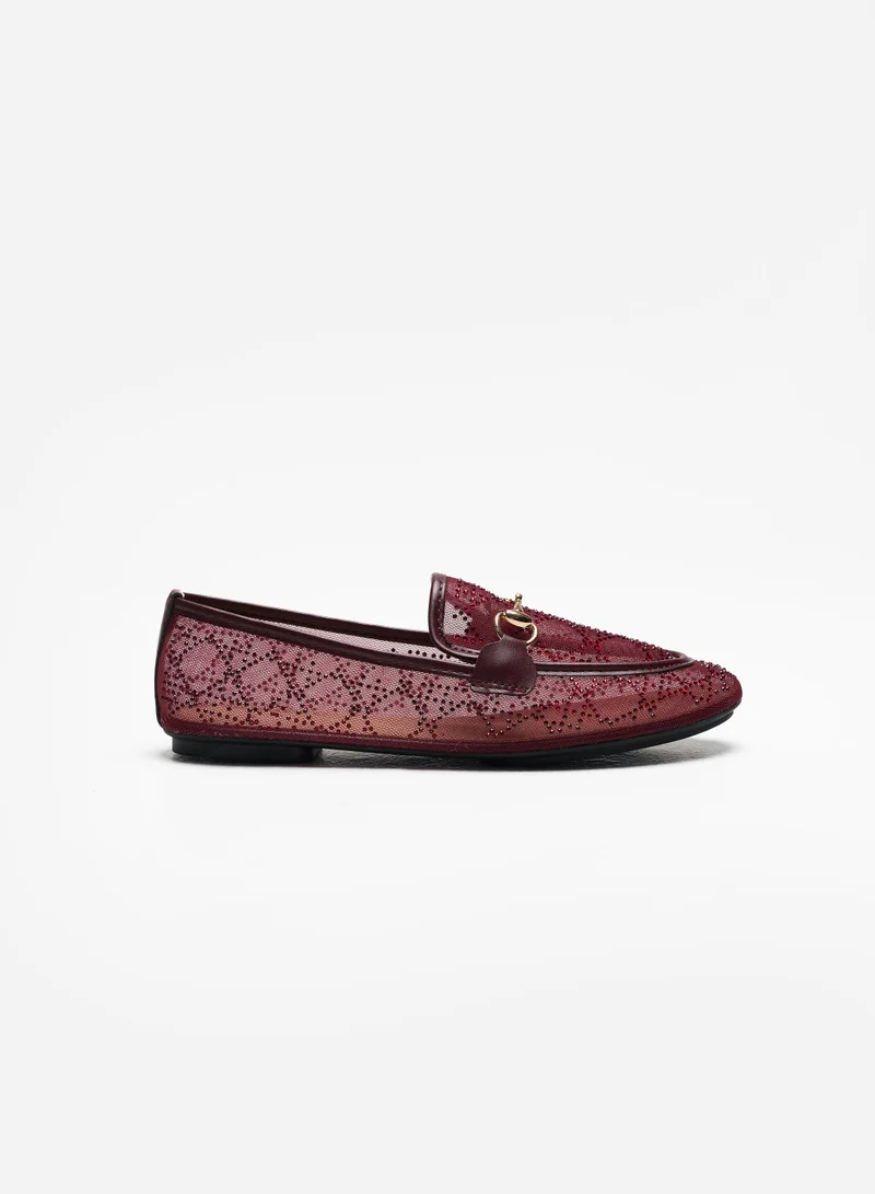 Sunfere Chic Burgundy Mesh Rhinestone Horsebit Loafers