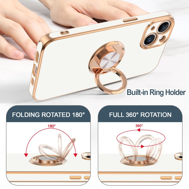 Hython for iPhone 15 Case with Ring Stand, 360Â° Rotatable Ring Holder Magnetic Kickstand, Plating Rose Gold Edge Soft Cover Women Men Luxury Protective Phone Case for iPhone 15 6.1", White - Image 4