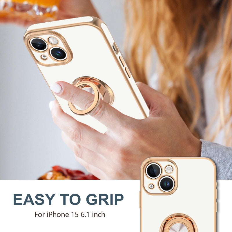 Hython for iPhone 15 Case with Ring Stand, 360Â° Rotatable Ring Holder Magnetic Kickstand, Plating Rose Gold Edge Soft Cover Women Men Luxury Protective Phone Case for iPhone 15 6.1", White - Image 2