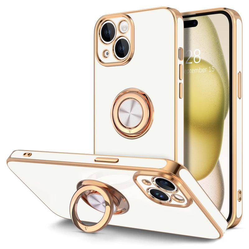 Hython for iPhone 15 Case with Ring Stand, 360Â° Rotatable Ring Holder Magnetic Kickstand, Plating Rose Gold Edge Soft Cover Women Men Luxury Protective Phone Case for iPhone 15 6.1", White - Image 1